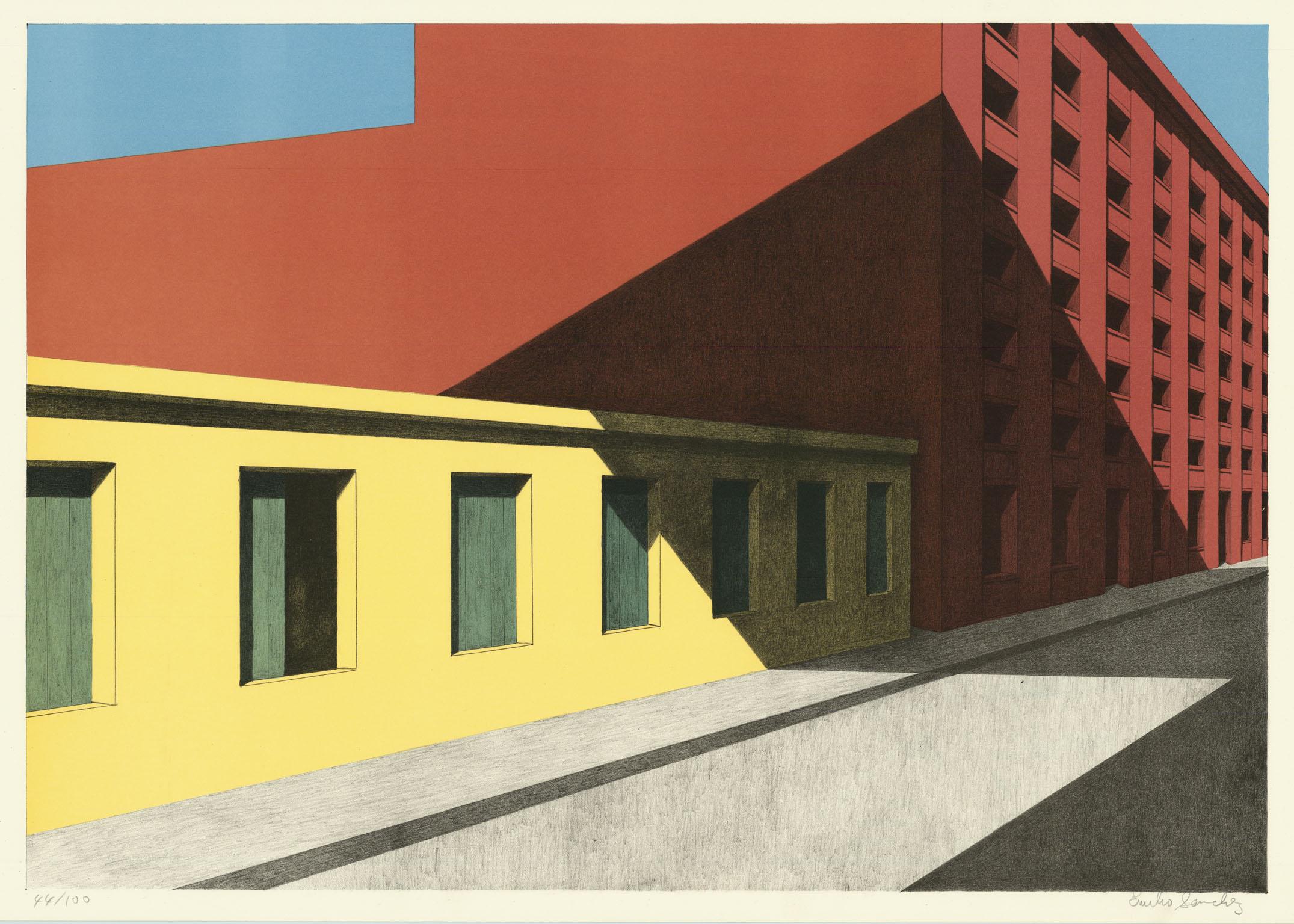 Emilio Sanchez Print – Das Schatten der Brooklyn Bridge.