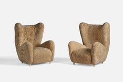 Emilio Sarrachi, Sizeable Lounge Chairs, Shearling, Wood, Italy, 1940s