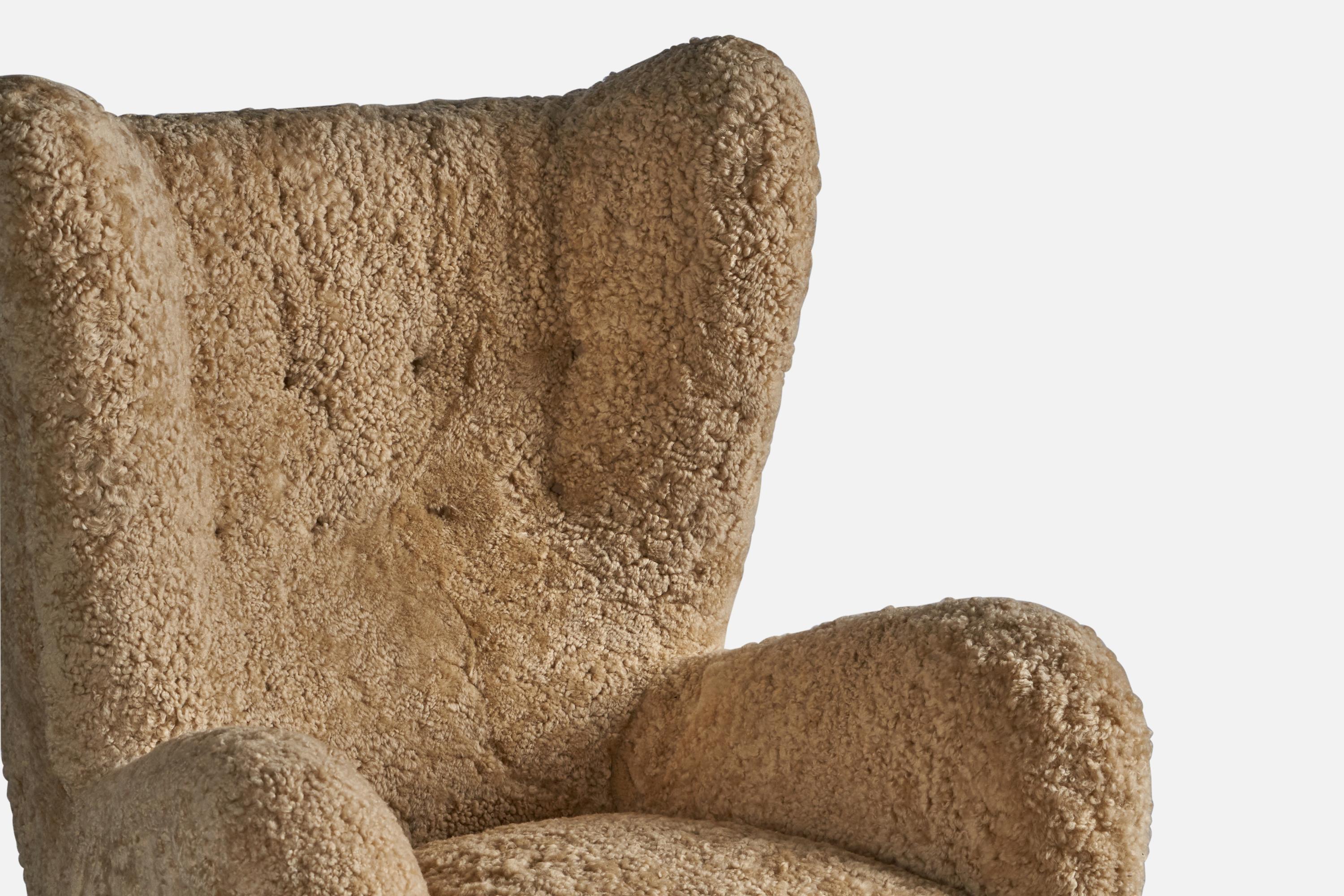Sheepskin Emilio Sarrachi, Sizeable Lounge Chairs, Shearling, Wood, Italy, 1940s For Sale