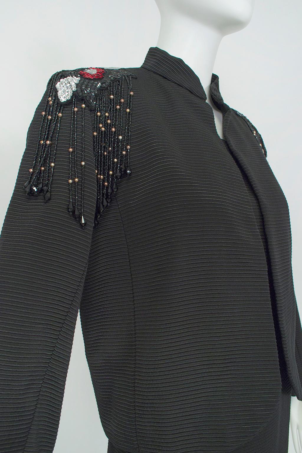 Emilio Schuberth Extravagant Black Fringe Shoulder Dress Suit - M, 1960s For Sale 1