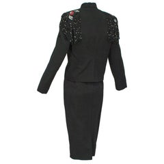 Emilio Schuberth Extravagant Black Fringe Shoulder Dress Suit - M, 1960s