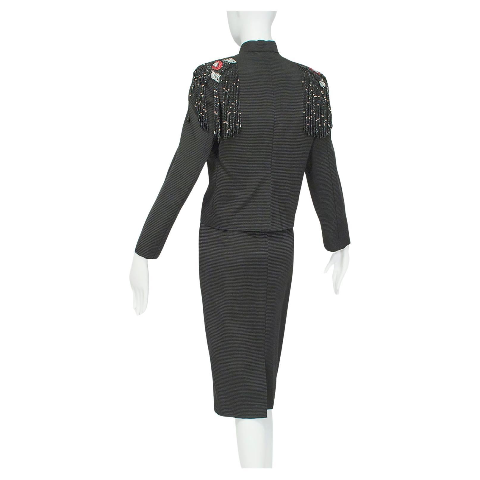 Emilio Schuberth Extravagant Black Fringe Shoulder Dress Suit - M, 1960s For Sale