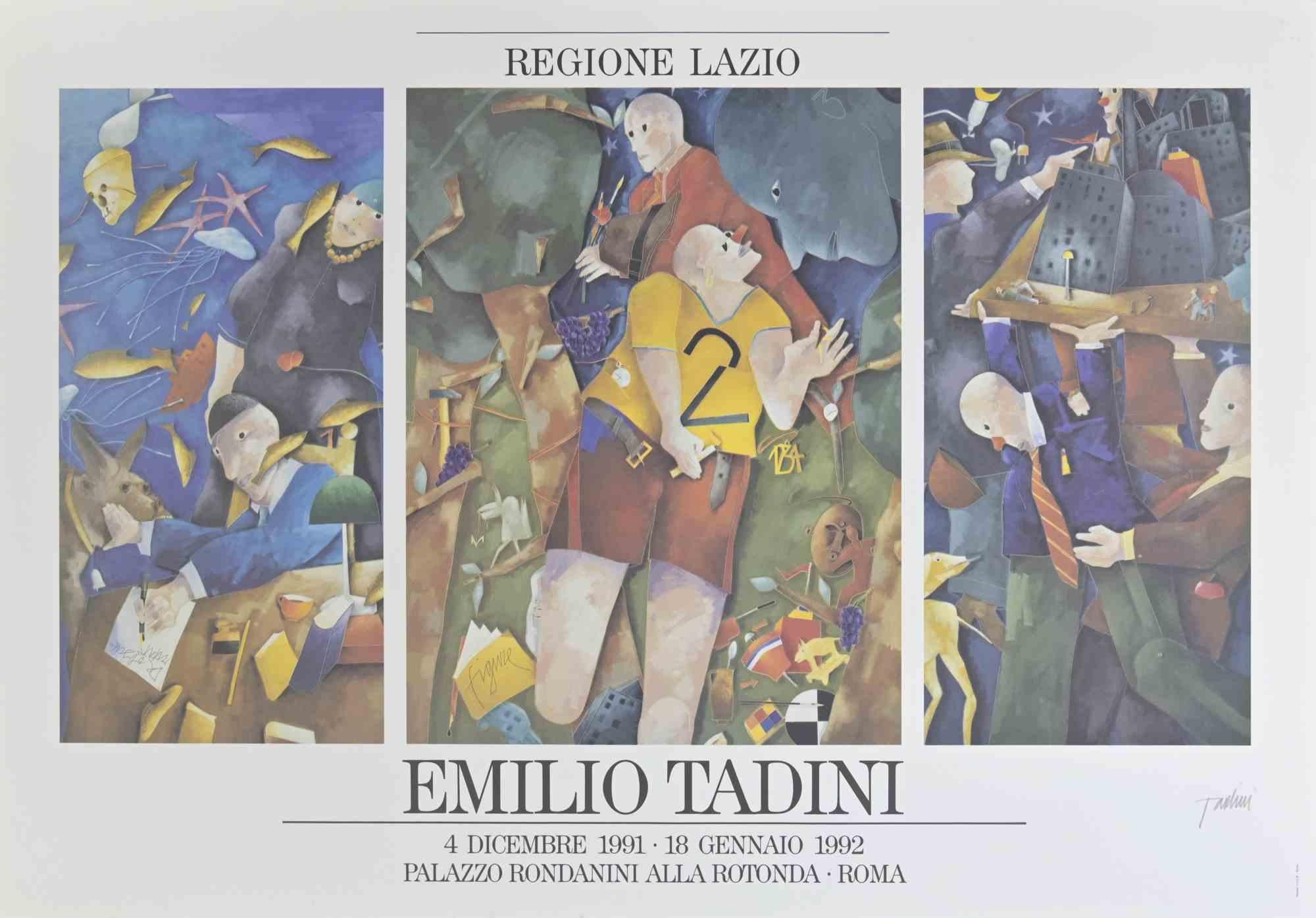Emilio Tadini Poster Exhibition is an original offset poster realized in 1992.

The artwork was realized in occasion of the exhibition held in Rondanini Gallery, Rome in 1992. 

Hand-signed by the artist on the lower right margin