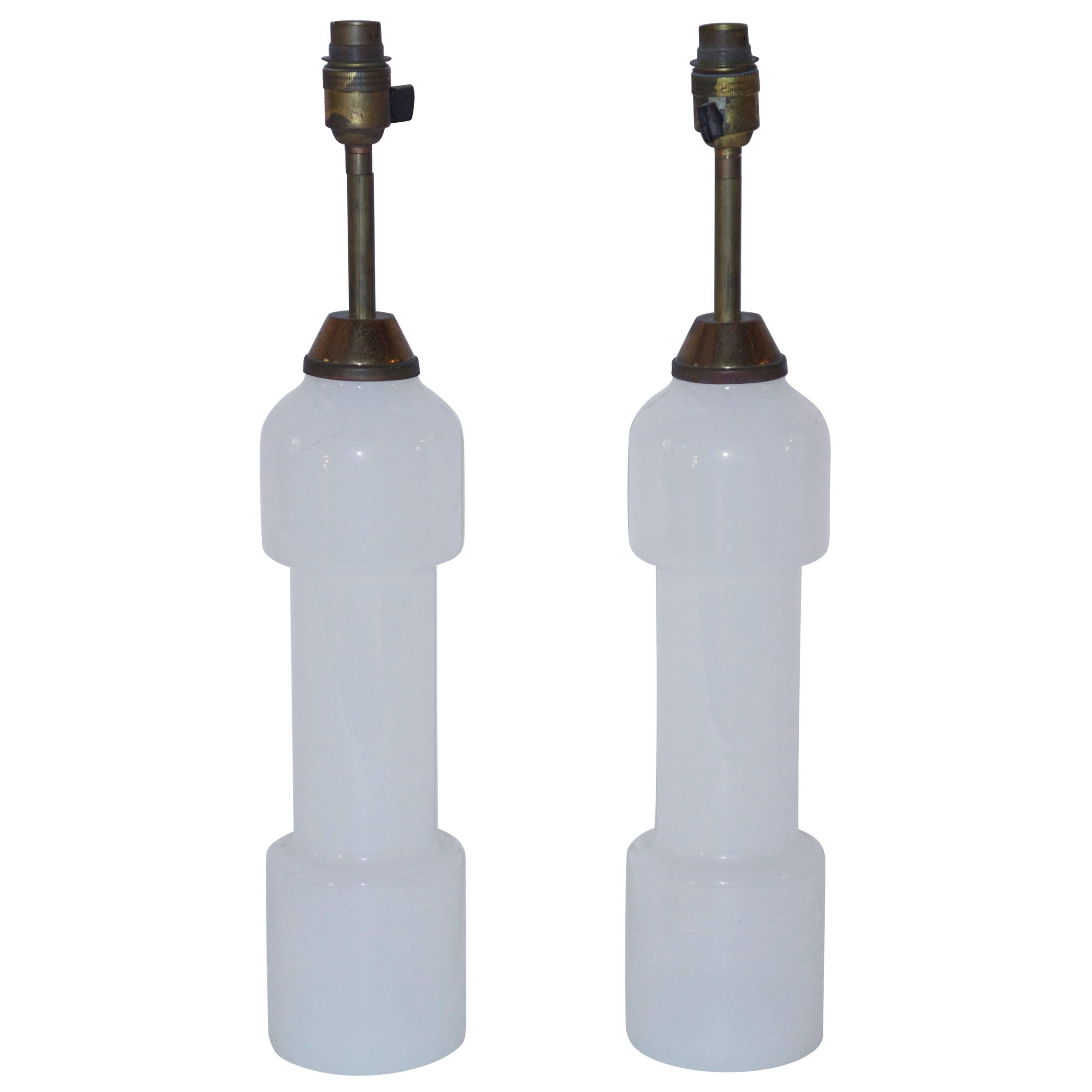 Emilio Terry Style, Pair of Lamps, White Opaline Glass, circa 1970, France