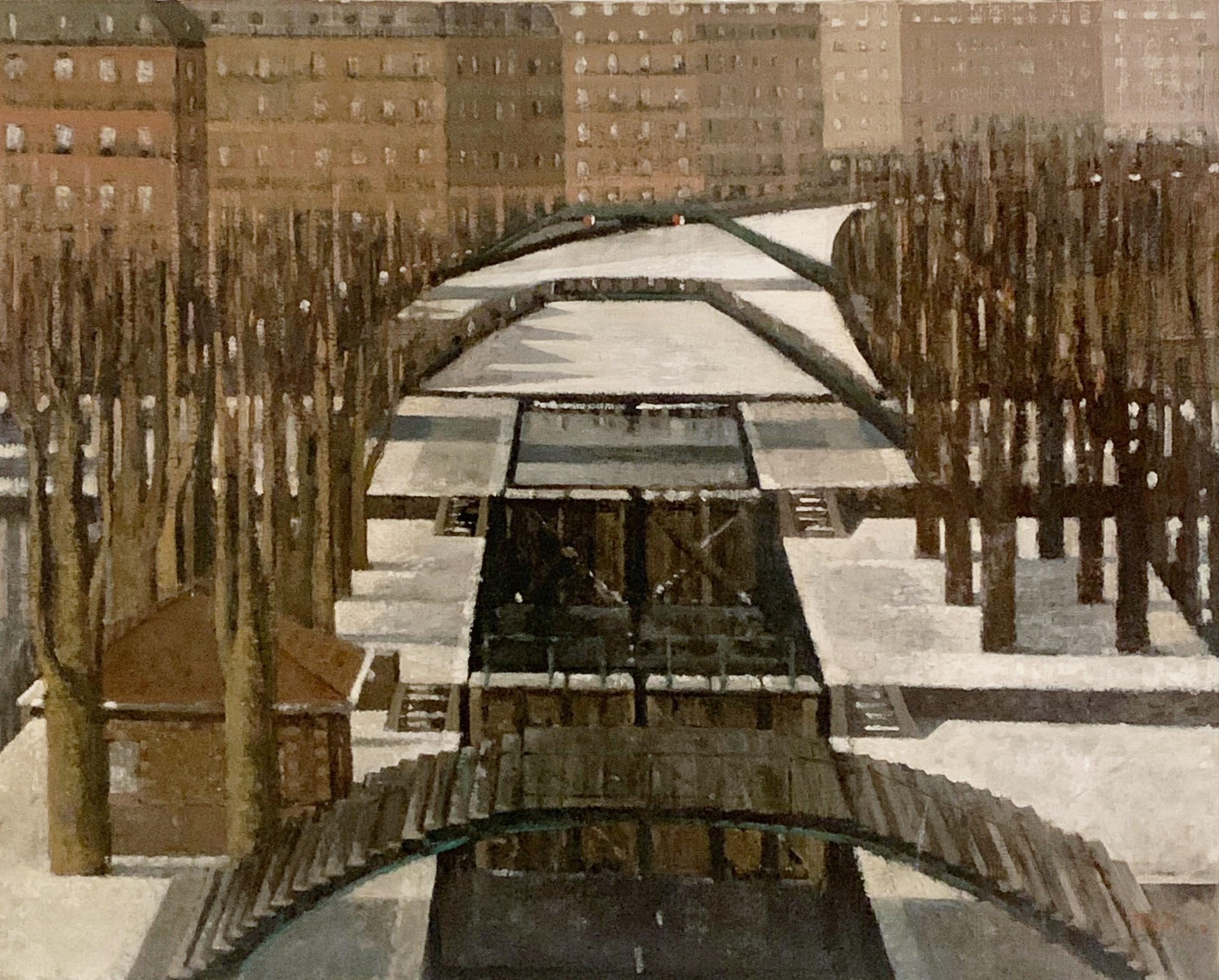 Landscape Painting Emilio Trad - Paris, canal Saint-Martin, vers 1989, huile sur toile