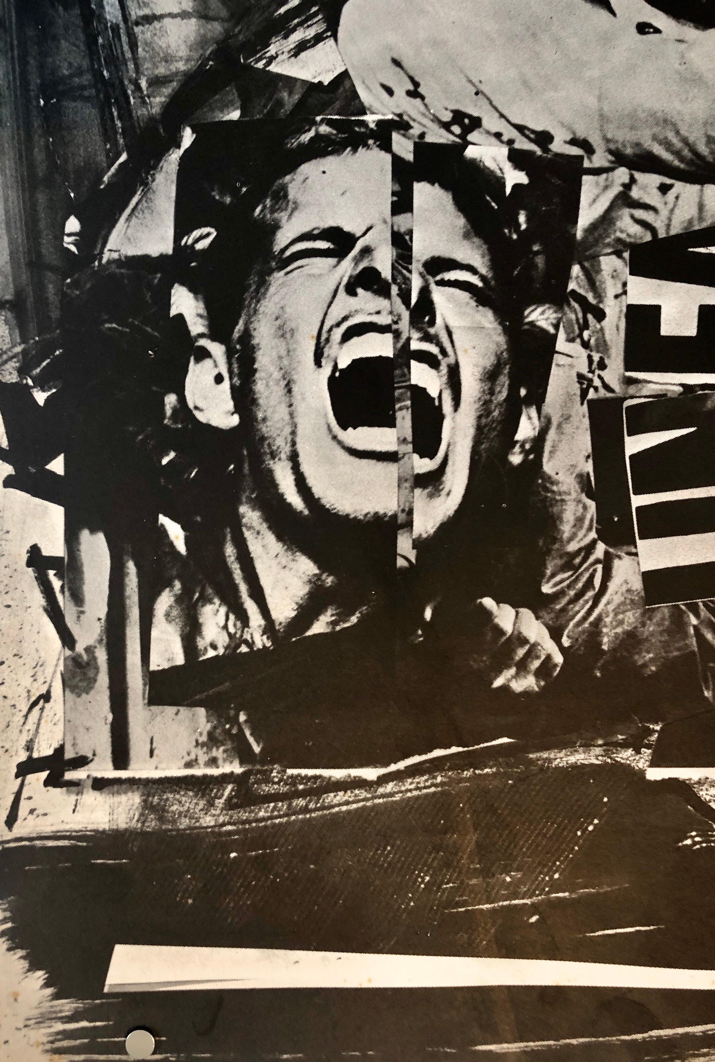 Emilio Vedova (b.1919, Venice Italy) Screenprint lithograph. Offset lithograph in black and white on wove paper.
Artist signed in marker across back back,
Screenprint newspaper collage of political events around 1968 uprisings.

Emilio Vedova (9