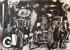Collage astratto italiano 'Linea Nera' Grande serigrafia anni '60 epoca Vietnam
