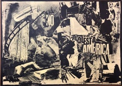 Italienische abstrakte italienische Collage „No a Questa America“ Großer Siebdruck, handsigniert