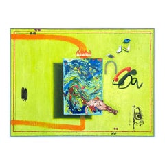 “Trip to the Museum” Contemporary Green & Orange Abstract Surrealist Painting