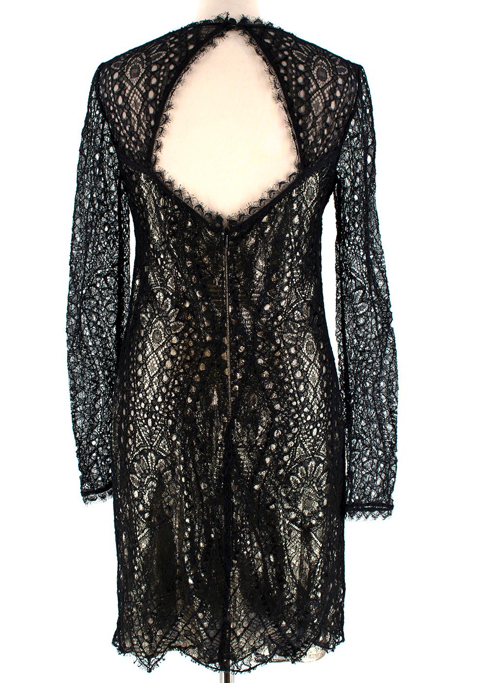 Emilio Pucci Lace Dress

- Black lace with a gold metallic undertone lining
- Sleeves are not lined
- Semi sheer dress
- Back zip fastening
- Wide round neck 
- Oval shaped open back with top button to fasten
- Raw edges
- Fitted at the waist
-