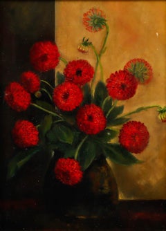 Cercle d'Emily Beatrice Bland - Huile encadrée du milieu du 20e siècle, Dahlias rouges
