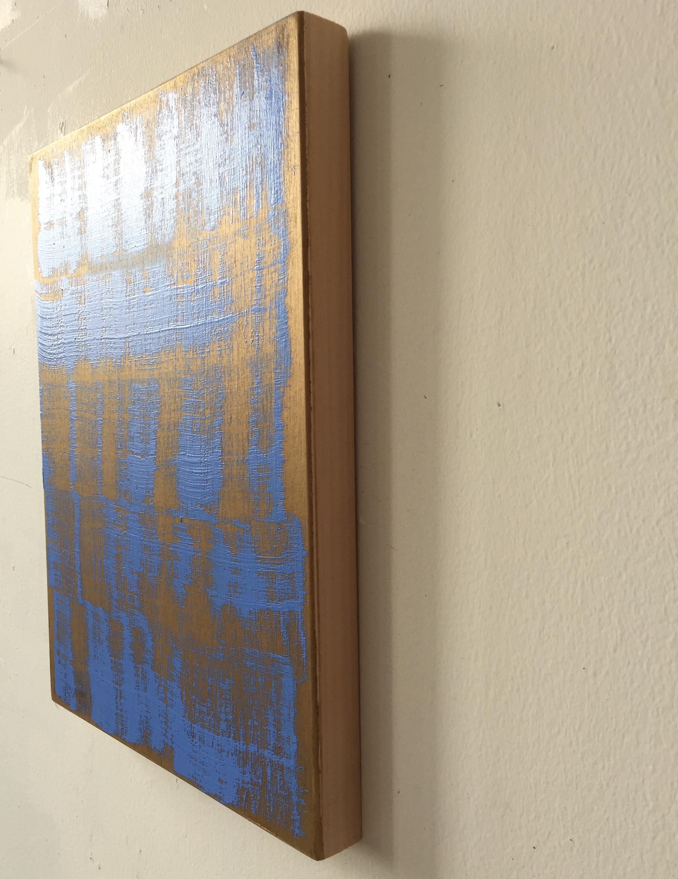 Oil on wood panel - Unframed.

She layers paint in gestural, horizontal swaths from left to right, stacking the horizontal bands from top to bottom of the surface. An interplay of complementary colors creates a sense of push pull, endowing her