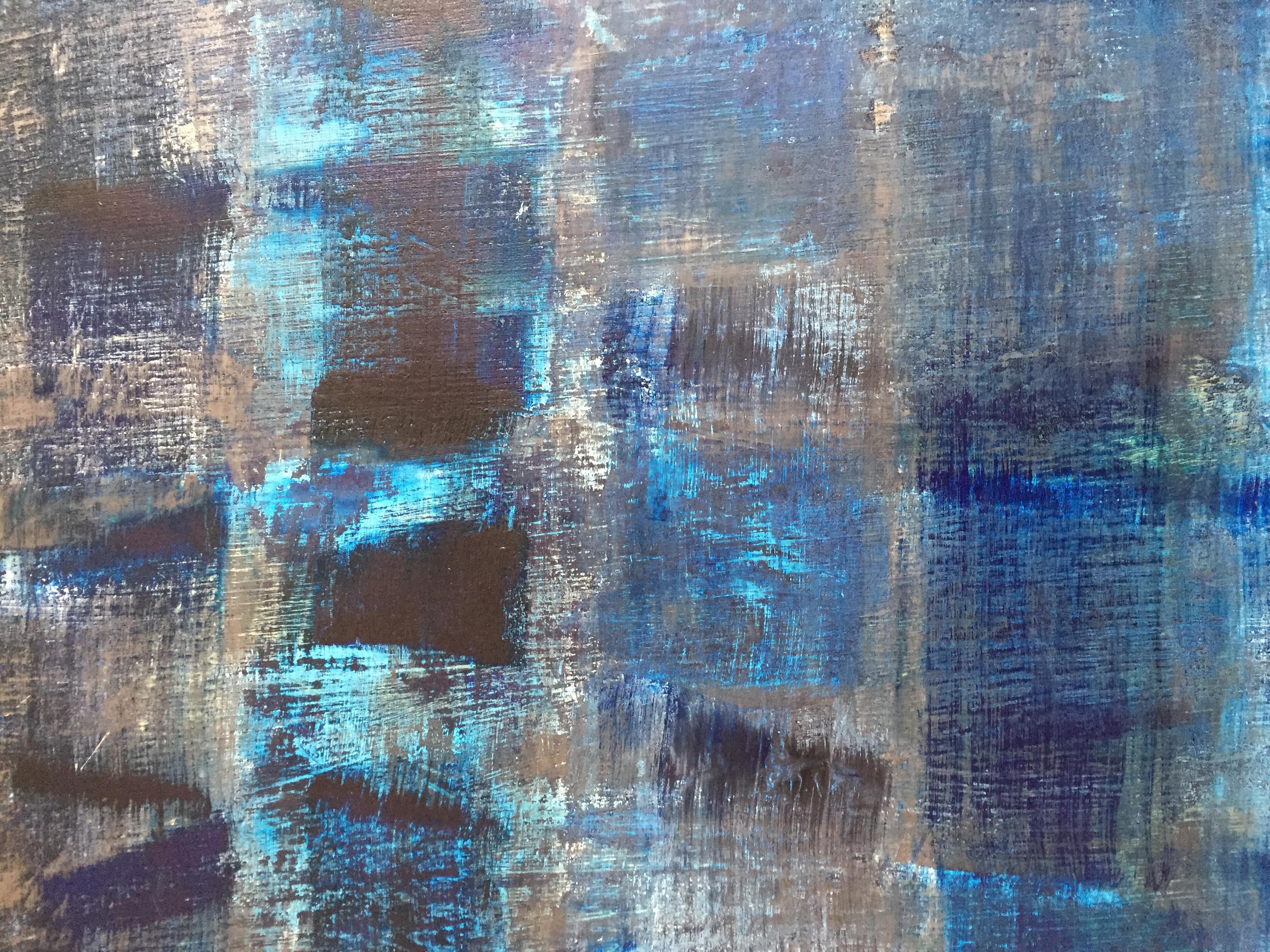 Blue on Blue (Abstract painting)

Oil on wood panel - Unframed.

She layers paint in gestural, horizontal swaths from left to right, stacking the horizontal bands from top to bottom of the surface. An interplay of complementary colors creates a
