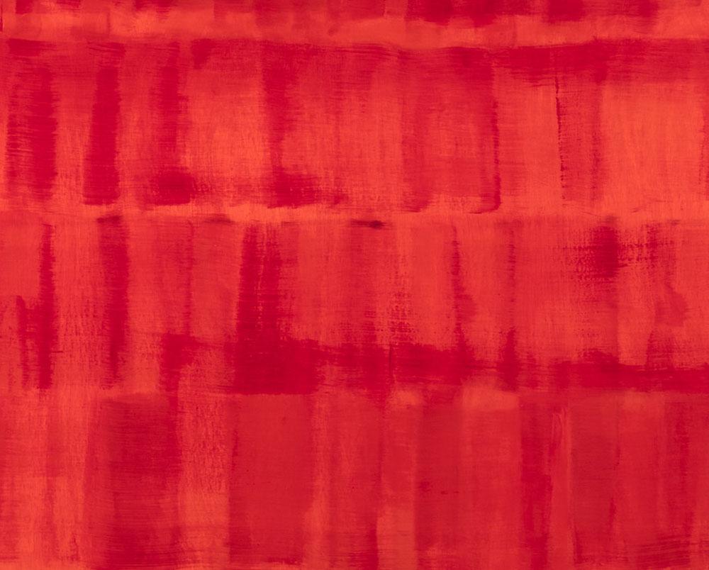 Red Dream (Abstract painting)
Oil on wood - Unframed.
She layers paint in gestural, horizontal swaths from left to right, stacking the horizontal bands from top to bottom of the surface. An interplay of complementary colors creates a sense of
