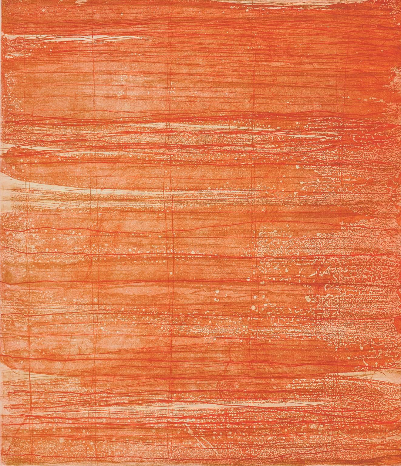 Emily Berger Abstract Print - Bound Brook #26, painterly abstract aquatint monoprint, red, orange, vermillion.
