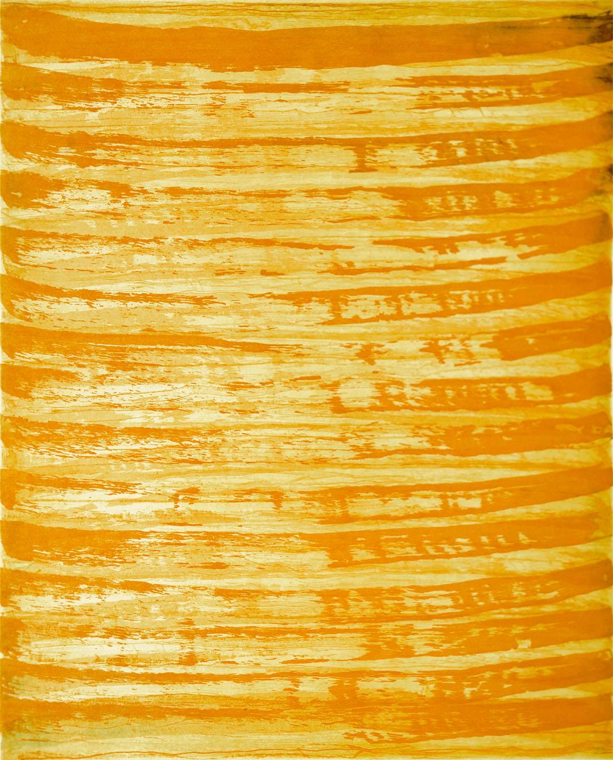 Emily Berger Abstract Print - “October 1”, painterly abstract aquatint monoprint, yellow, orange tones.