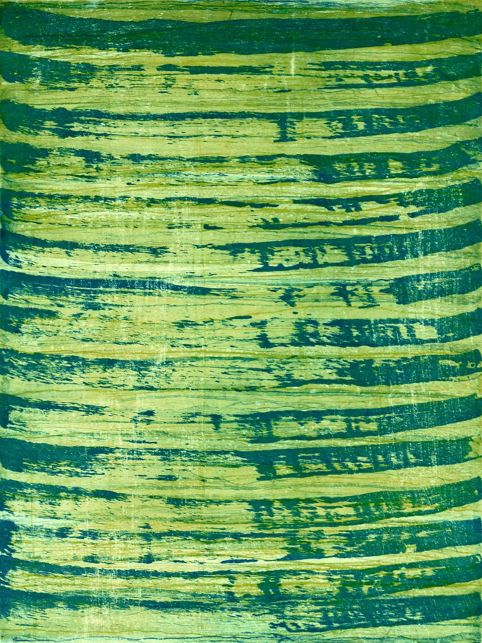 Emily Berger Abstract Print - "October 21", painterly abstract aquatint monoprint, yellow, shades of green.