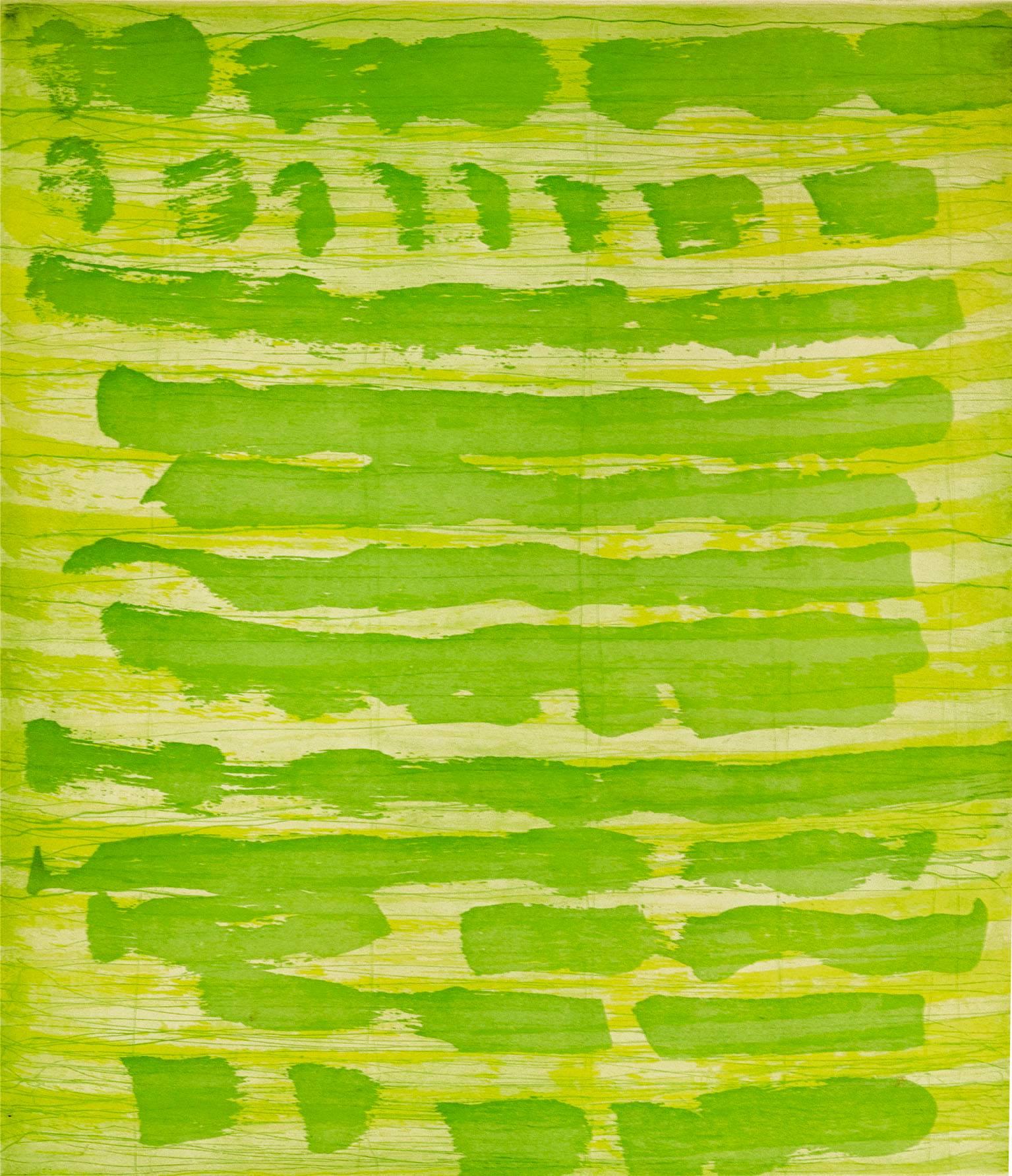 Emily Berger Abstract Print - "October 22", painterly abstract aquatint monoprint, layered yellow and green. 