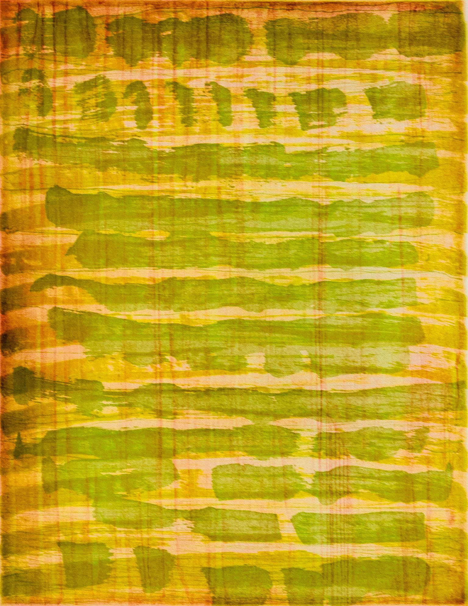 Emily Berger Abstract Print - “October 24”, painterly abstract aquatint monoprint, yellow, vermilion, green.