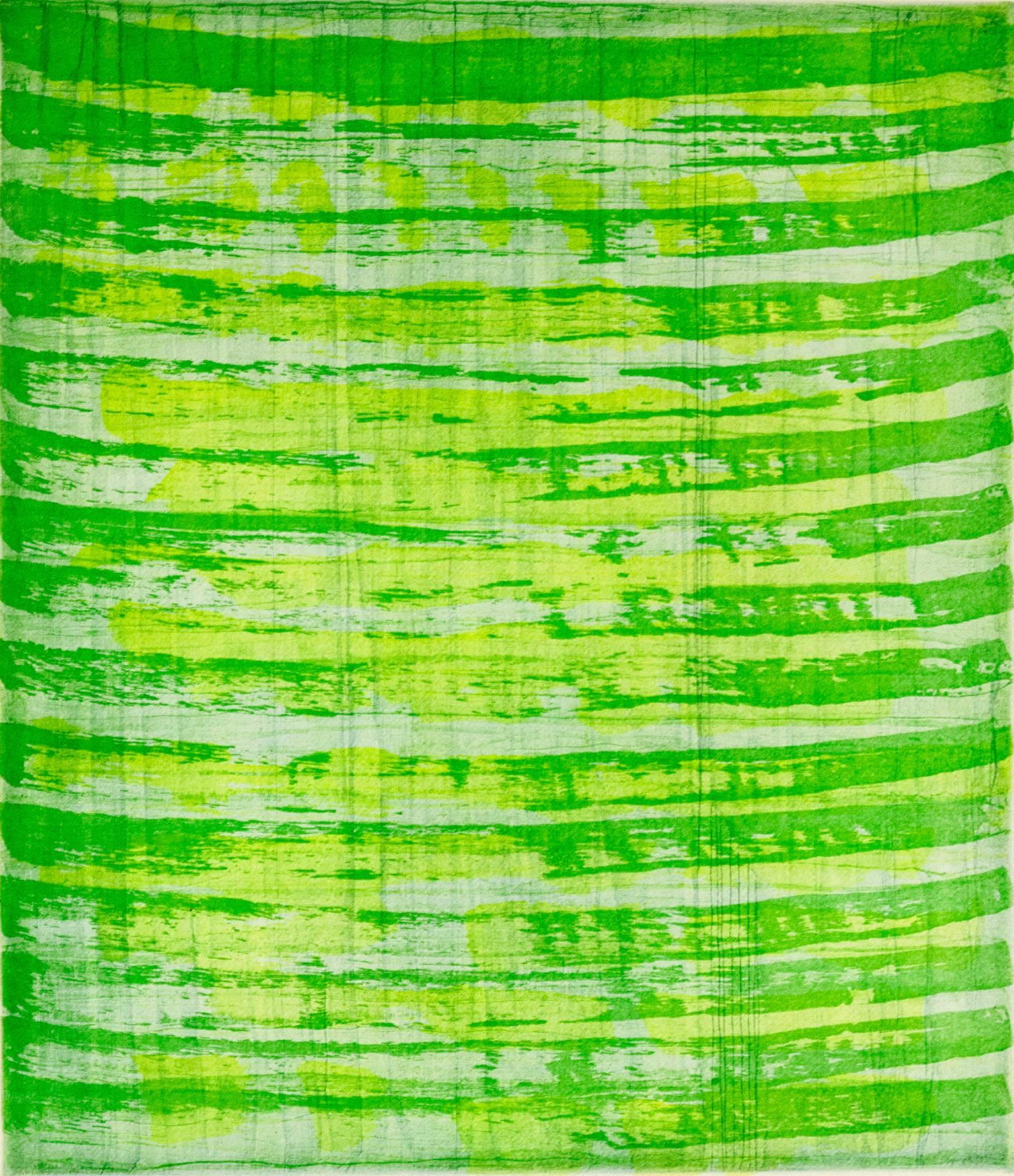 Emily Berger Abstract Print - "October 25", painterly abstract aquatint monoprint, yellow, spring green.