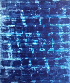 “Rubato 10”, painterly abstract aquatint monoprint, prussian blue, cyan blue.