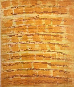 “Rubato 18”, painterly abstract aquatint monoprint, yellow shades, deep red.