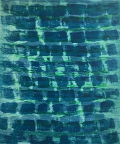 “Rubato 24”, painterly abstract aquatint monoprint, emerald green, blue shades.