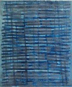 “Rubato 26”, painterly abstract aquatint monoprint, shades of blue, silver.