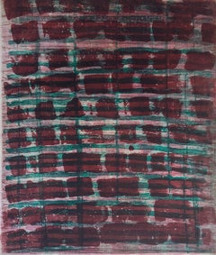 “Rubato 27”, painterly abstract aquatint monoprint, emerald green, deep red.