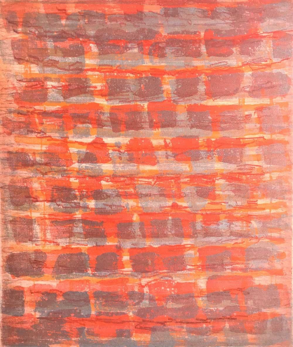 Emily Berger Abstract Print - “Rubato 3”, painterly abstract aquatint monoprint, bright orange, red, violet.