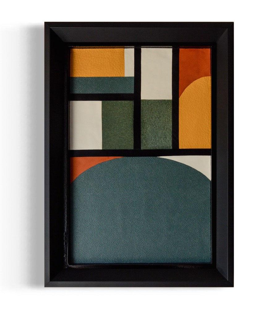 Florence 1 by Emily Brown is a beautiful Mid-Century Modern framed leather abstract design. The dynamic composition of the geometric shape elevates any space. 