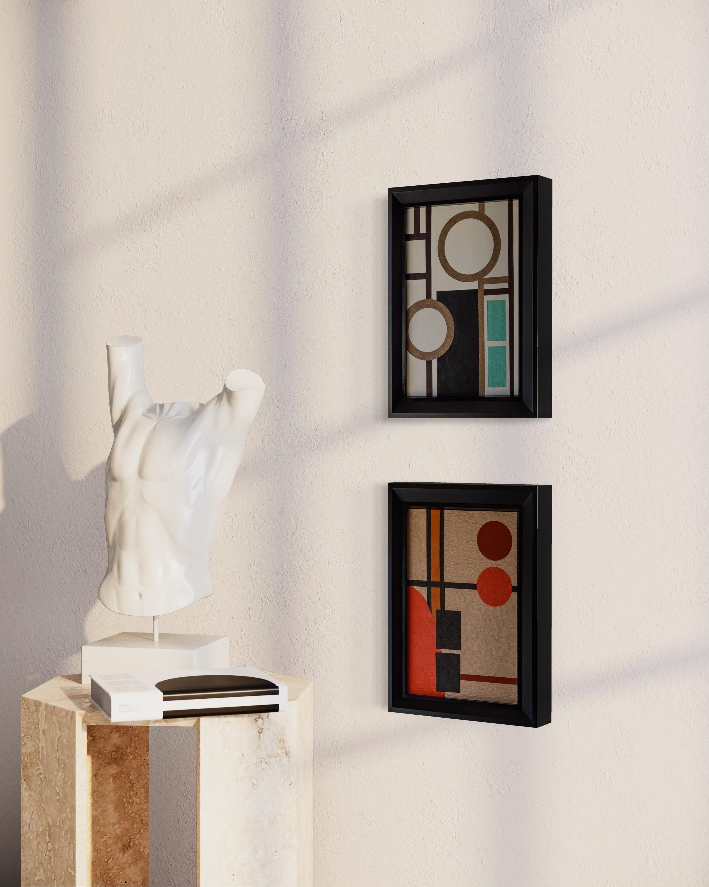 Florence III by Emily Brown is a beautiful Mid-Century Modern framed leather abstract design. The dynamic composition of the geometric shape elevates any space. 
