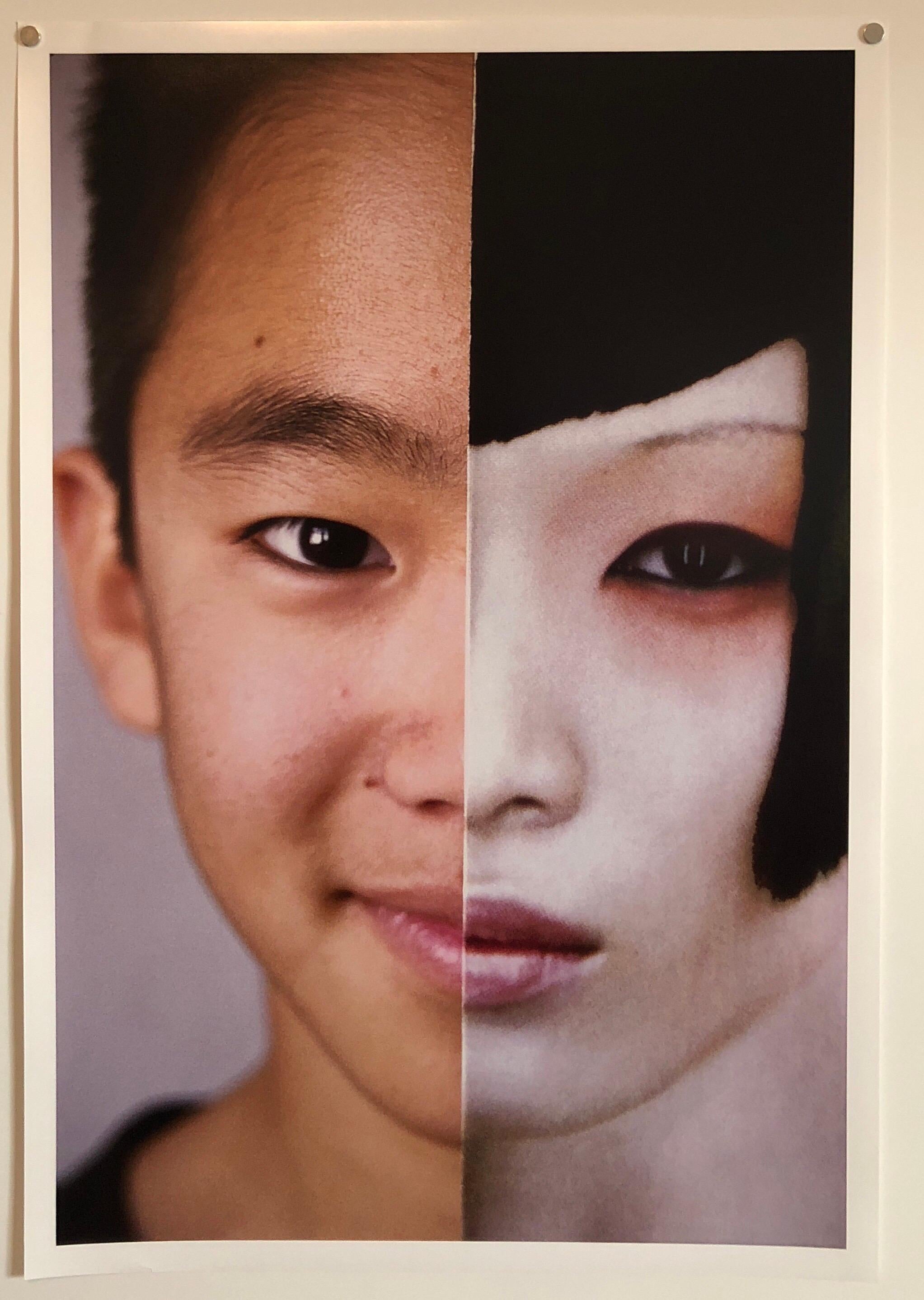 Gesichter, Vintage-Farbfotografie Digitalfoto Collage Druck asiatisch amerikanisch (Braun), Color Photograph, von Emily Cheng