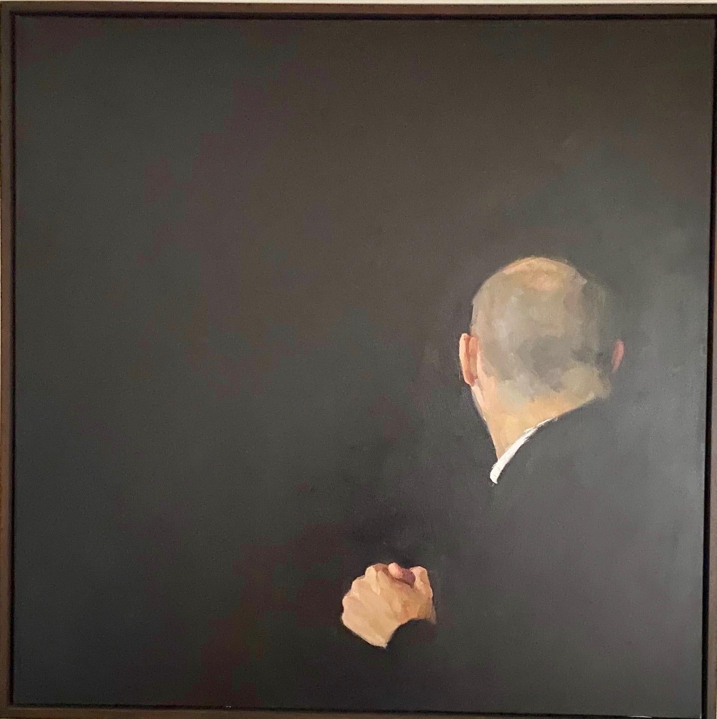 Emily Eveleth Portrait Painting - "Lure" A large dark portrait of a bald man from behind