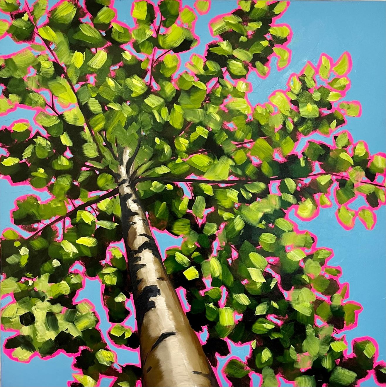 Emily Finch Landscape Painting - Looking up through green leaves to spring