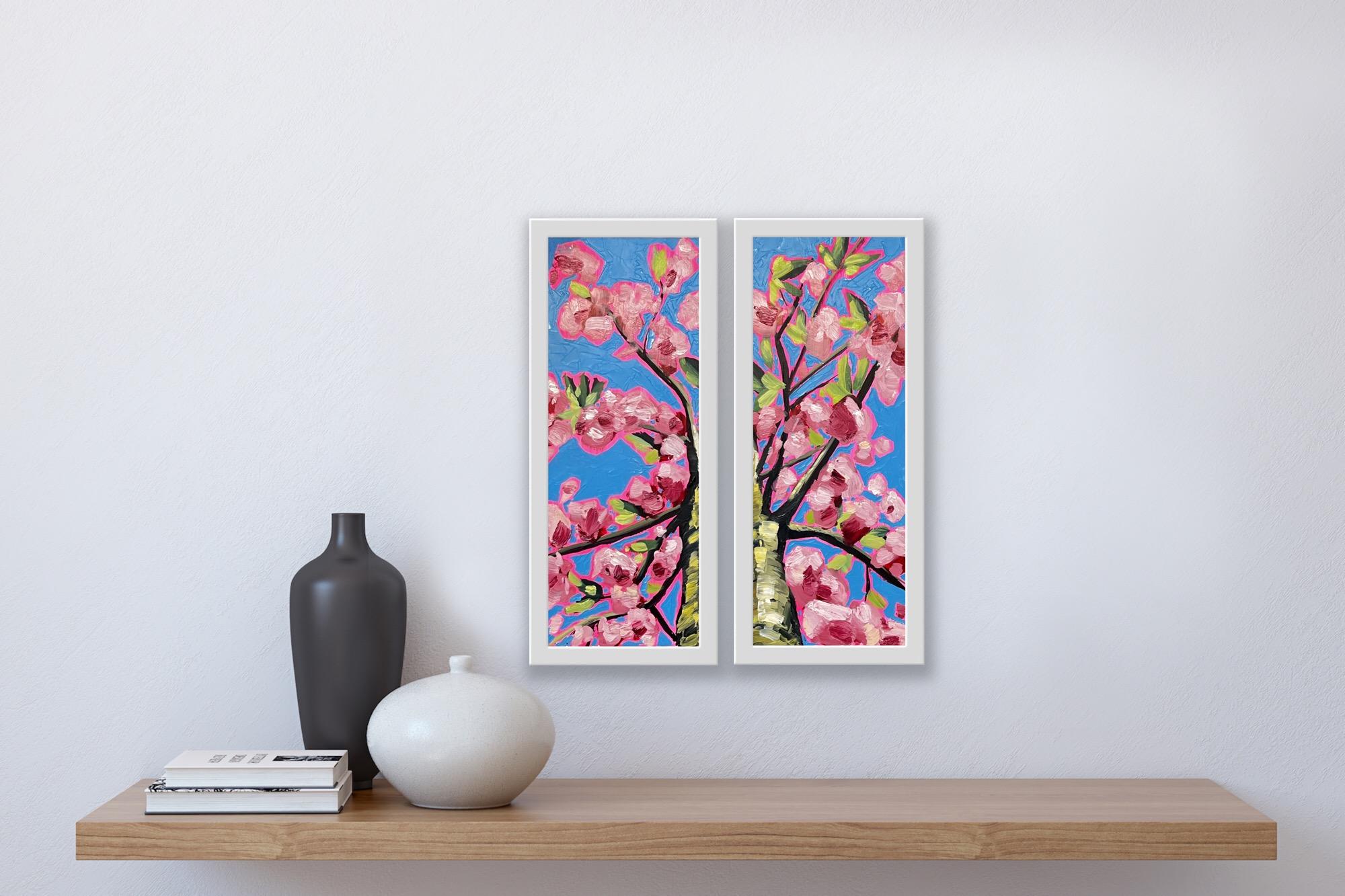 Looking Up Through Pink Blossom Diptych  - Impressionist Painting by Emily Finch