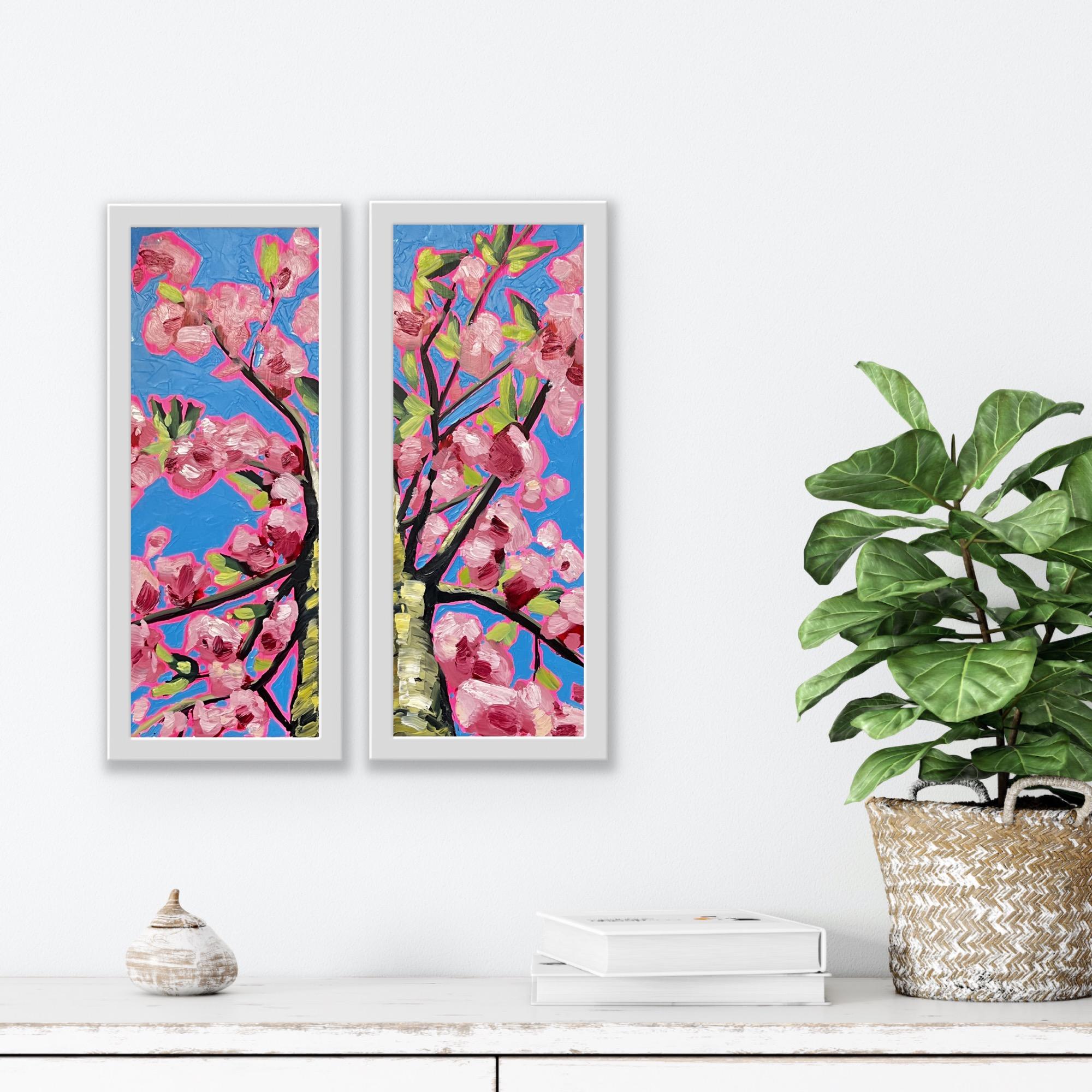 Looking Up Through Pink Blossom Diptych  - Beige Abstract Painting by Emily Finch