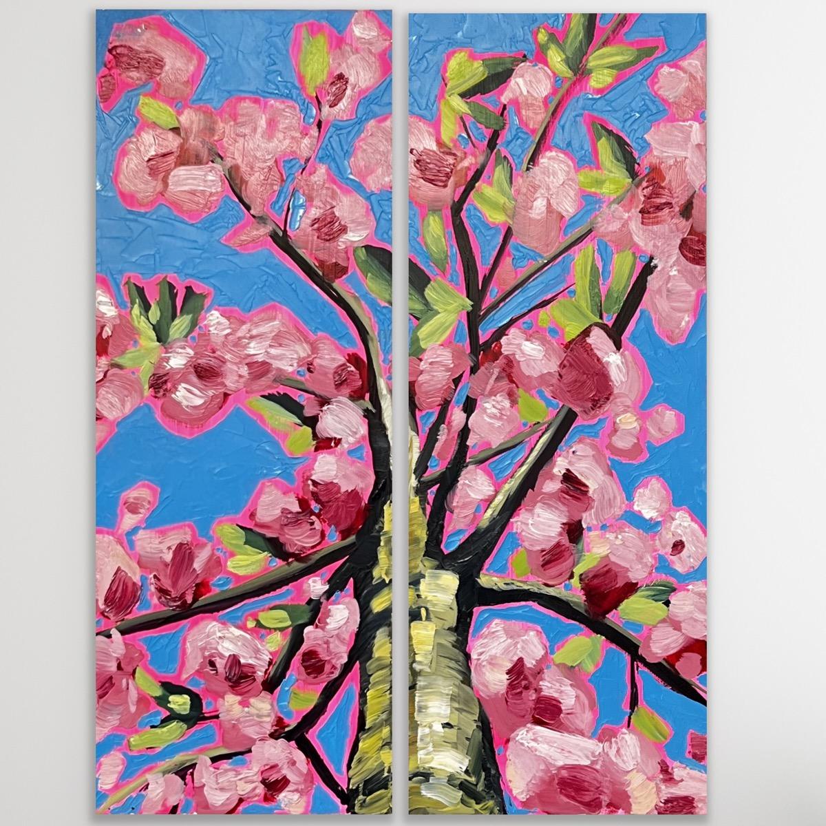 Emily Finch Abstract Painting - Looking Up Through Pink Blossom Diptych 