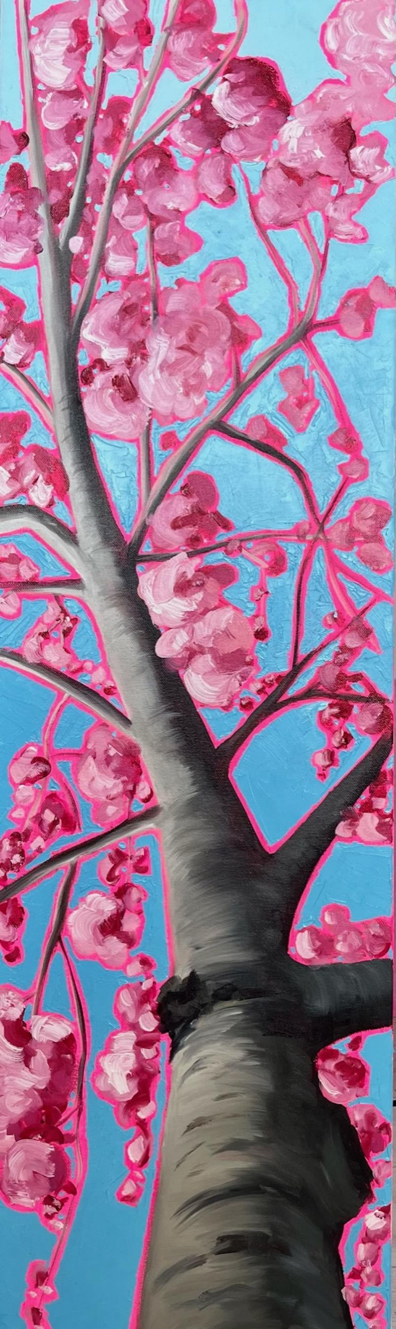 Emily Finch Abstract Painting - Looking up through pink blossom for a kick of happiness
