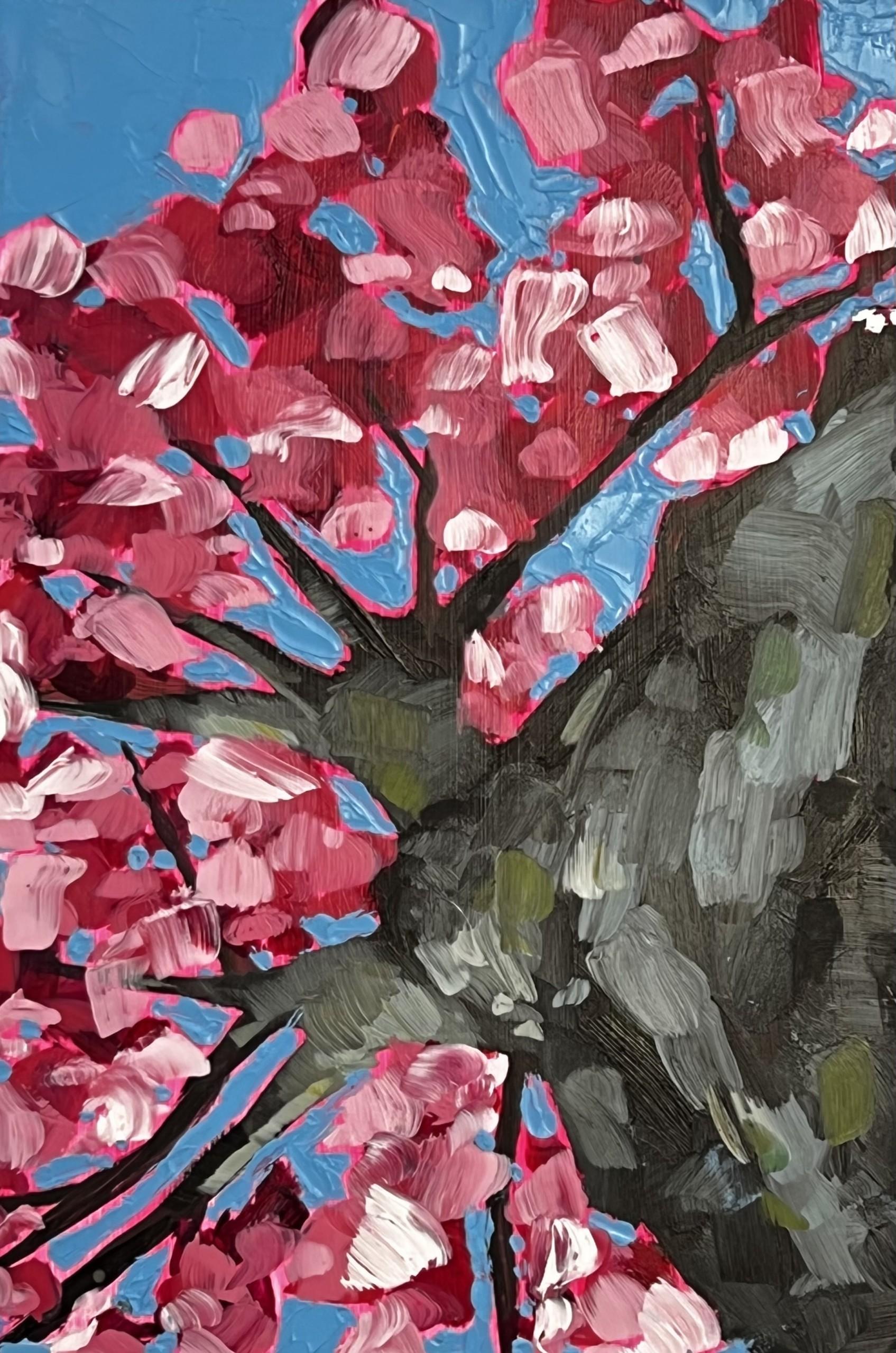 Looking Up Through Pink Blossoms Quadtych  - Painting by Emily Finch
