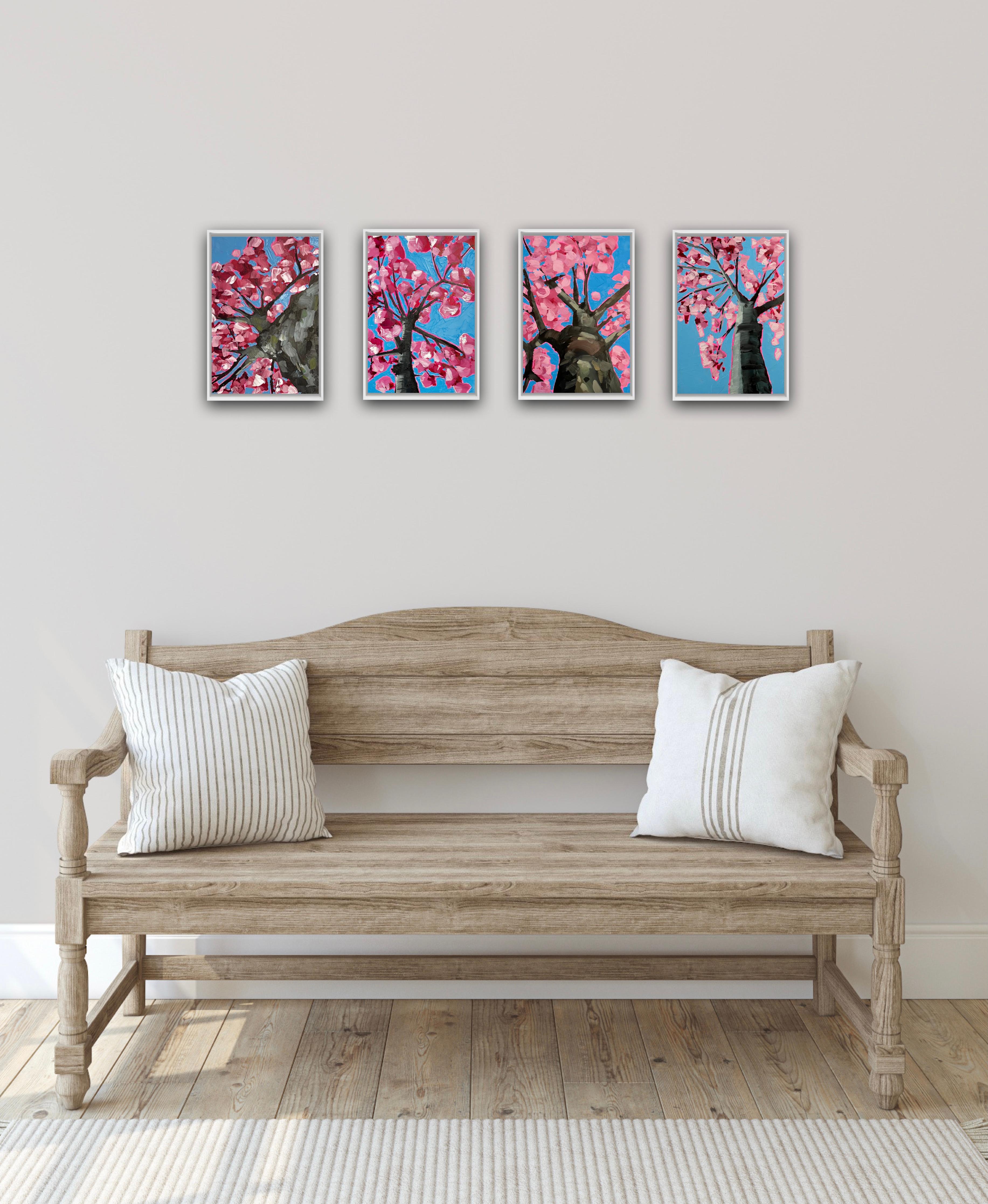 Looking Up Through Pink Blossoms Quadtych  - Gray Abstract Painting by Emily Finch