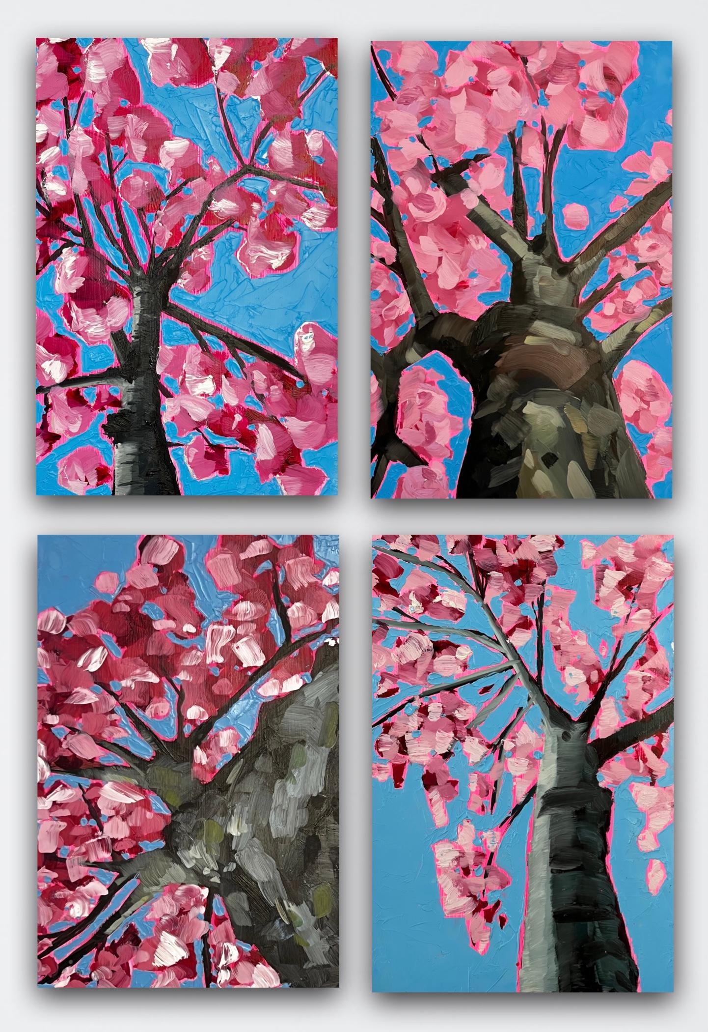 Emily Finch Abstract Painting - Looking Up Through Pink Blossoms Quadtych 