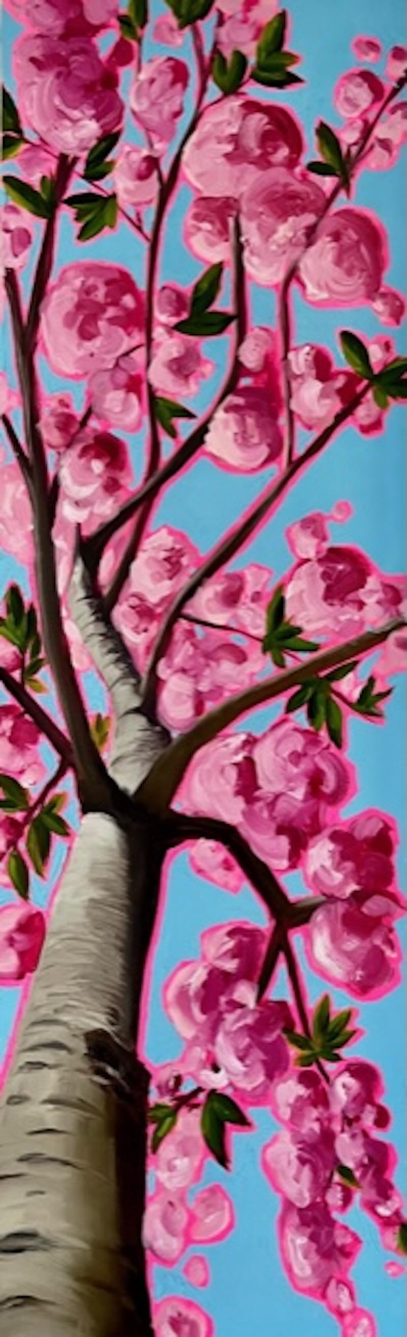 Emily Finch Landscape Painting - Looking up through tall pink blossom to soothe my tired eyes 