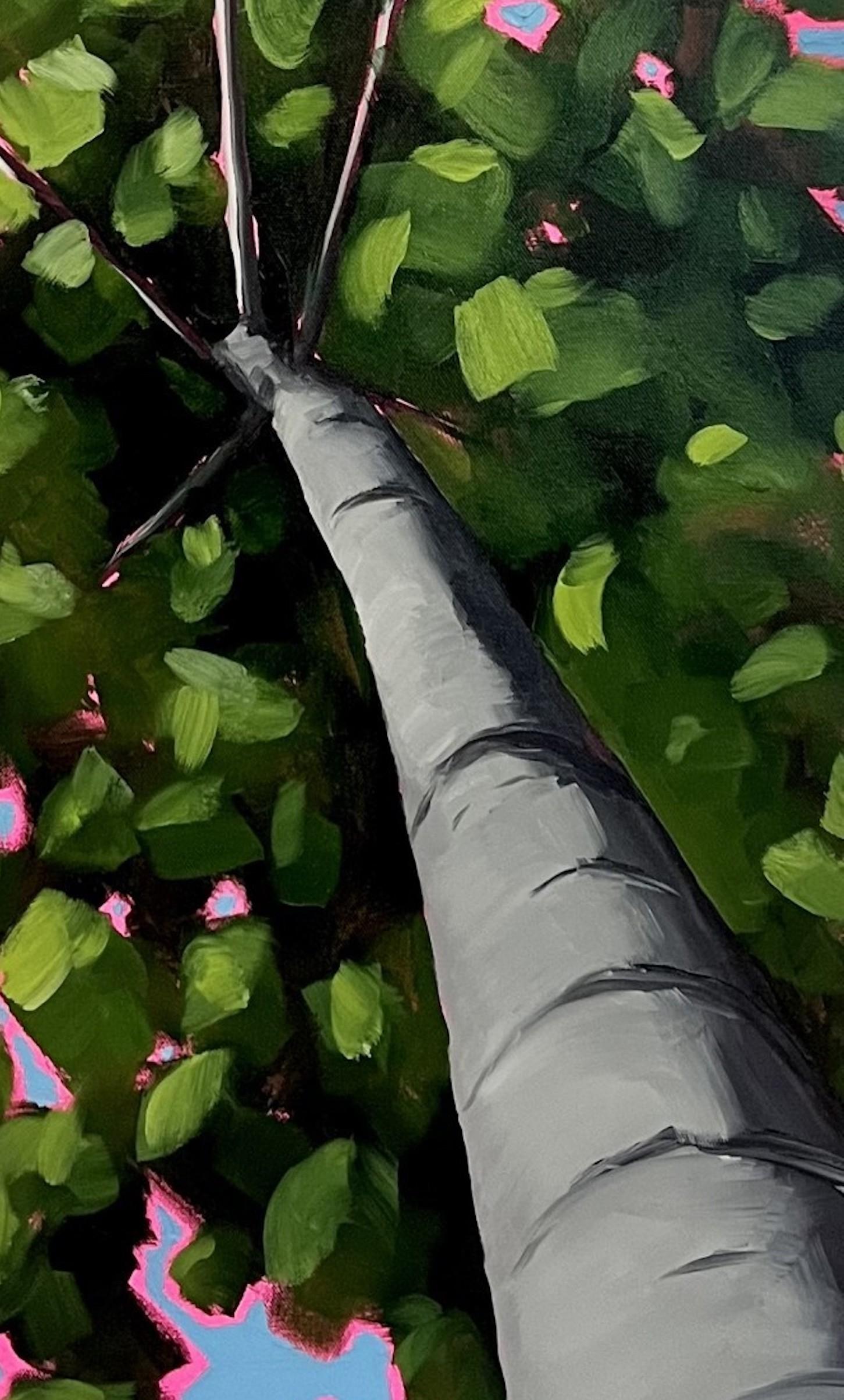 Looking up through the tallest spring leaves to excitement 2, Mental Health Art - Pink Abstract Painting by Emily Finch