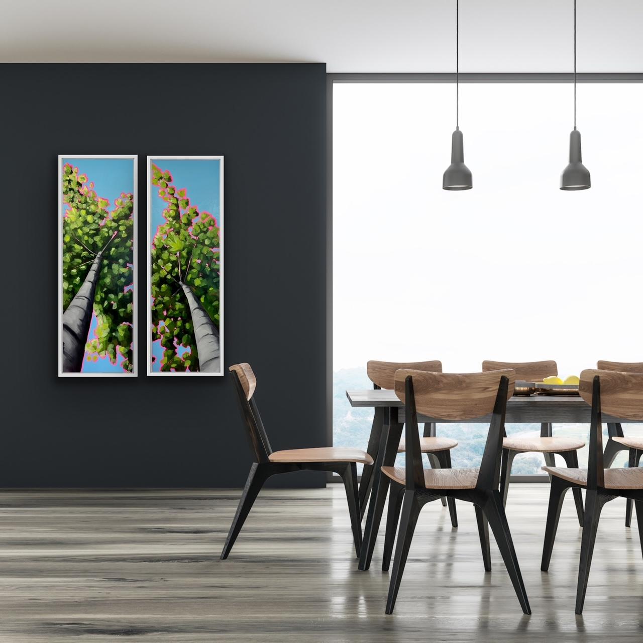 Looking Up Through the Tallest Spring Leaves to Excitement diptych, original art - Painting by Emily Finch