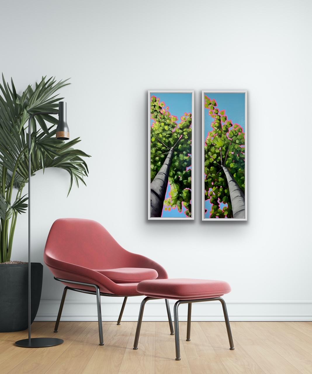 Mirando hacia arriba a través de las altas hojas de primavera hacia la emoción díptico, arte original - Painting Contemporáneo de Emily Finch