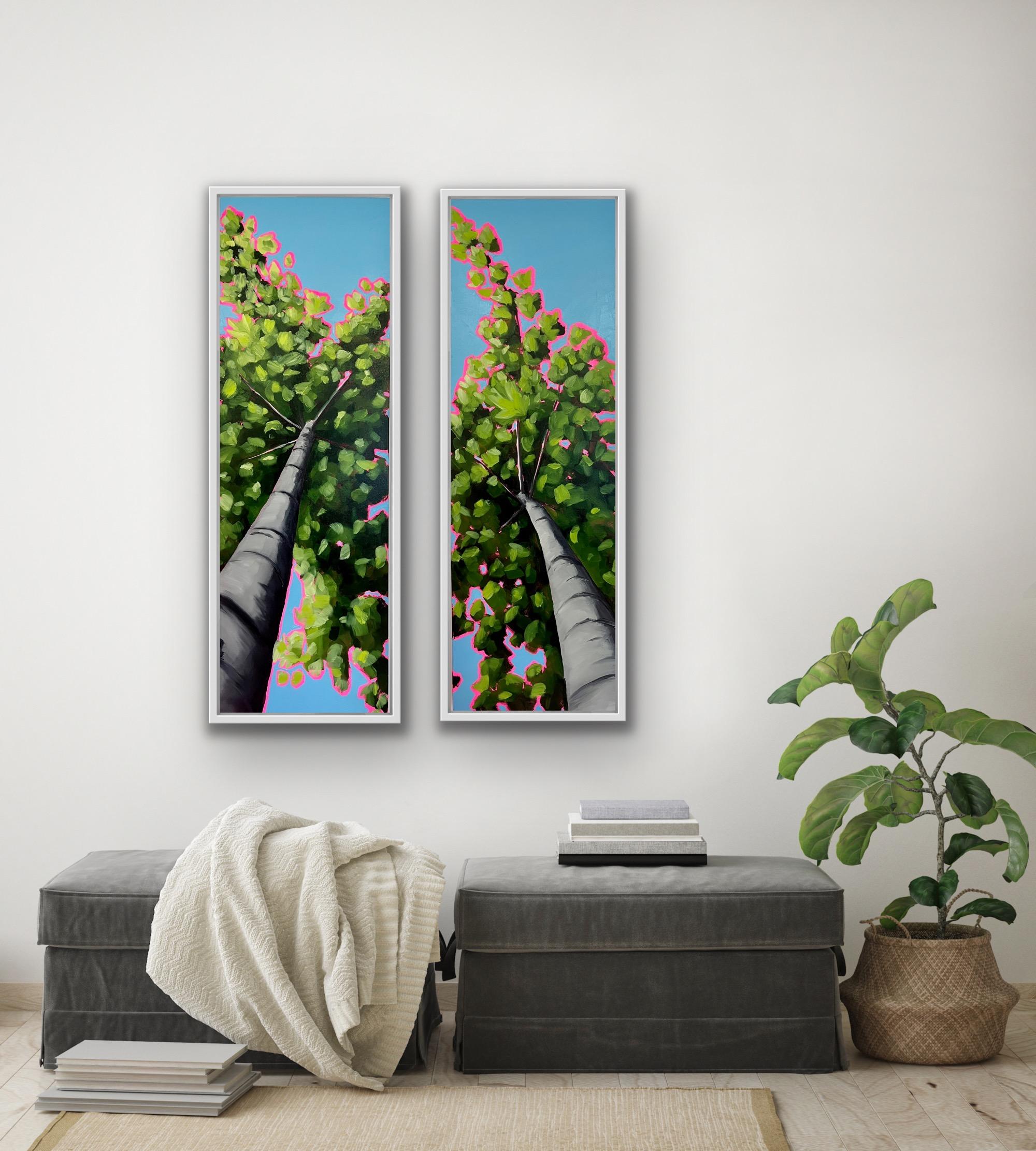 Looking Up Through the Tallest Spring Leaves to Excitement diptych, original art - Gray Landscape Painting by Emily Finch