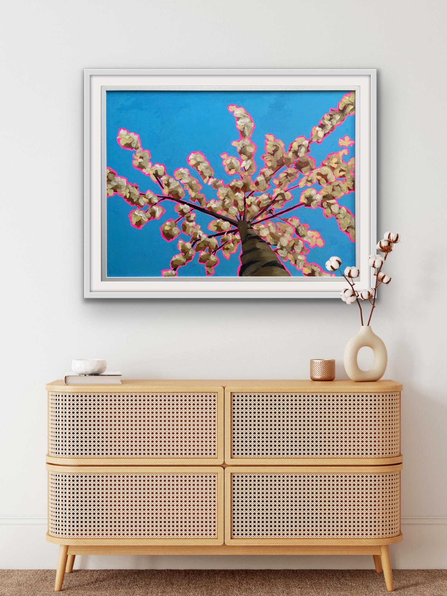 Looking Up Through White Blossom to Calm, Tree Painting, Landscape Pop Art - Brown Landscape Painting by Emily Finch