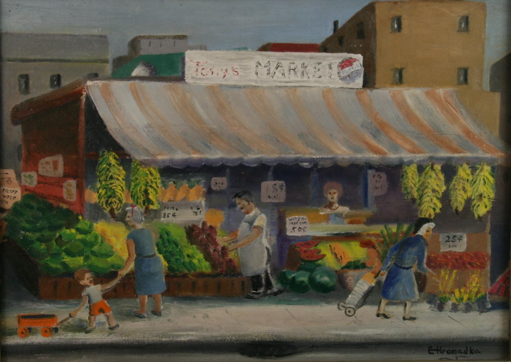 Figurative Painting de Emily H Romadka - Arte popular figurativo antiguo  Pintura al óleo "El mercado de frutas de Tony".  1930