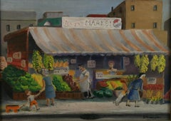 Arte popular figurativo antiguo  Pintura al óleo "El mercado de frutas de Tony".  1930